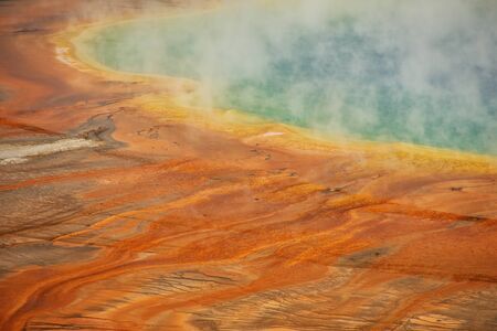 Close-up aerial view of Grand Prismatic Spring in Midway Geyser Basin, Yellowstone National Park,...