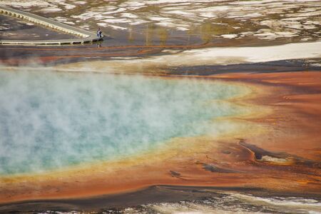 Close-up aerial view of Grand Prismatic Spring in Midway Geyser Basin, Yellowstone National Park,...