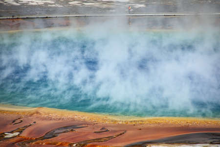 Close-up aerial view of Grand Prismatic Spring in Midway Geyser Basin, Yellowstone National Park, Wyoming, USA. It is the largest hot spring in the United Statesの写真素材