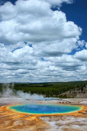 Aerial view of Grand Prismatic Spring in Midway Geyser Basin, Yellowstone National Park, Wyoming,...