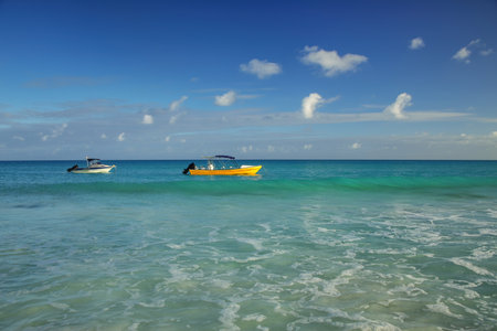 Boats anchored at Fayaoue beach on the coast of Ouvea lagoon, Mouli and Ouvea Islands, New...