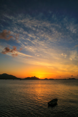 Sunset over Hillsborough Bay, Carriacou Island, Grenada. Hillsborough is the largest town on the island.の写真素材