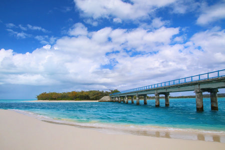 Sandy beach and Mouli Bridge between Ouvea and Mouli islands, Loyalty Islands archipelago, New Caledonia.の写真素材