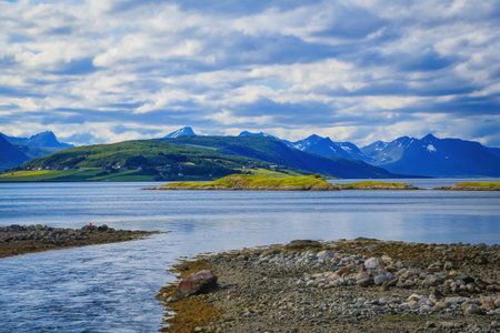 View of Gullesfjord and Kvaeoya Island from Hinnoya Island, Vesteralen archipelago, Northern Norway....