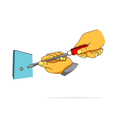 Hand holding a screwdriver trying to screw off isolated on white backgroundのイラスト素材