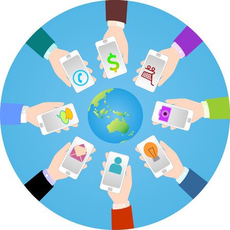Communication around the world by smartphone with touchscreen device.のイラスト素材