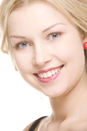 beautiful girl with pretty smile on white backgroundの写真素材