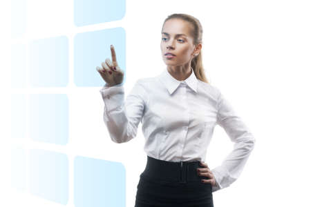 young beautiful business woman showing somethingの写真素材