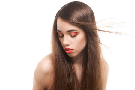 pretty woman with beautiful long brown hairsの写真素材