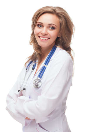 smiling woman doctor isolated on white gradient backgroundの写真素材