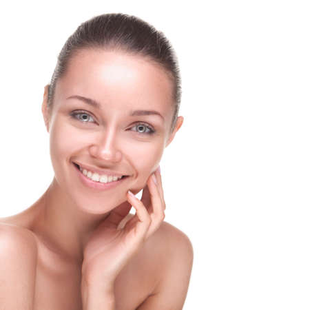 portrait of attractive caucasian smiling woman isolated on white backgroundの写真素材