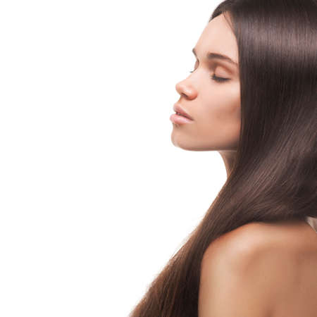 Beautiful Woman with Straight Long Hair isolated on white backgroundの写真素材