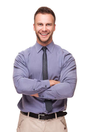 Young handsome smiling man isolated over white backgroundの写真素材