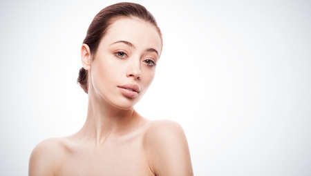 closeup portrait of young woman with clean fresh skinの写真素材