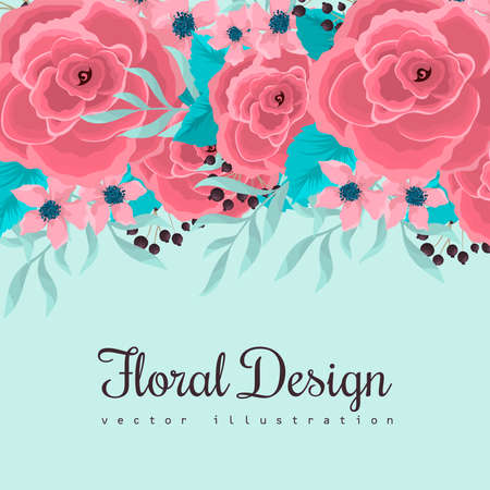 Mint green floral background pink flower borderのイラスト素材