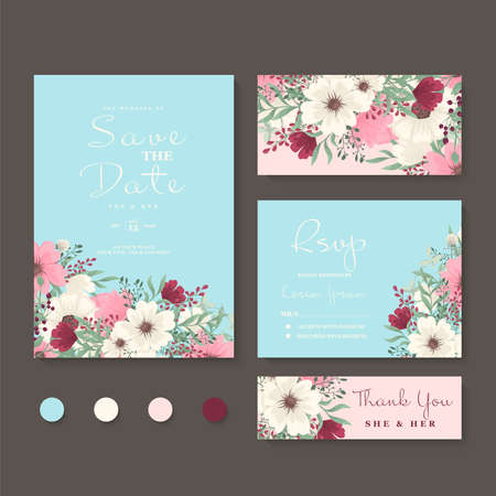 Wedding vector floral invite invitation thank you, rsvp card watercolor design set. Decorative modern layoutのイラスト素材