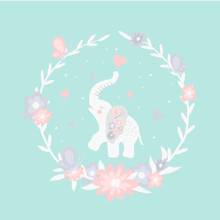 Cute Cartoon Elephant with flowers on a white backgroundのイラスト素材