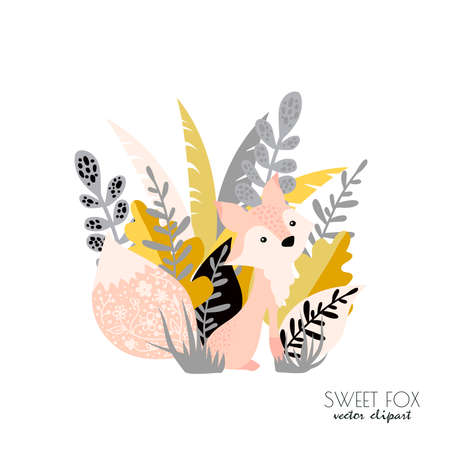 Vector lovely cute illustration with fox and flowers around. Kids illustration.のイラスト素材