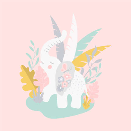 Cute Cartoon Elephant with flowers on a white backgroundのイラスト素材