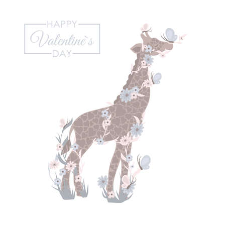 Cute Cartoon Giraffe with flowers on a white backgroundのイラスト素材