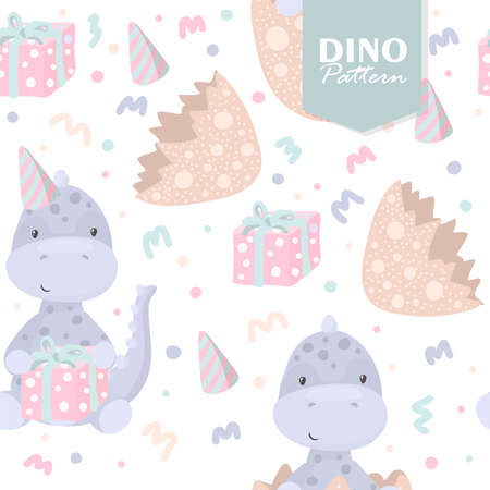 vector seamless background patterns in Scandinavian style, cartoon cute dinosaur characters and elements for fabric design, wrapping paper, notebooks coversのイラスト素材