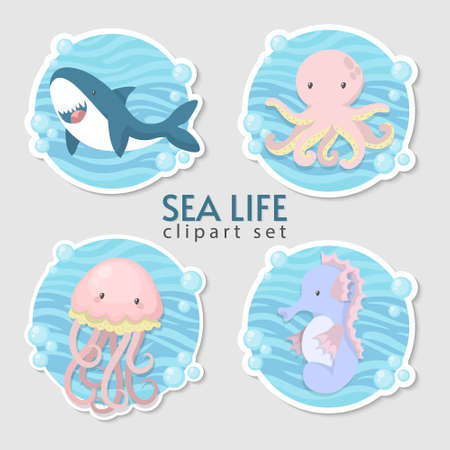 Cute cartoon sea animals set. Vector cliparts. Children Fashion.のイラスト素材