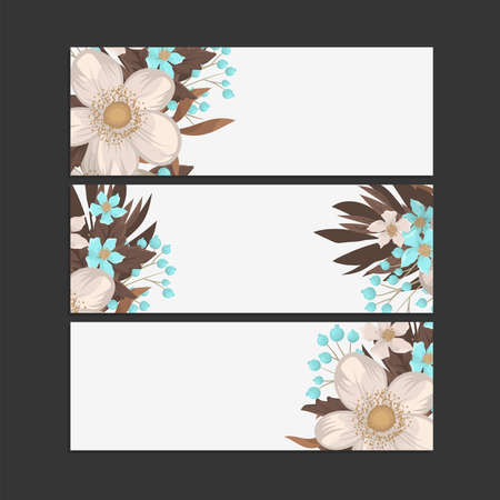 Three stylish floral banners. Bright romantic cartoon cards in vectorのイラスト素材
