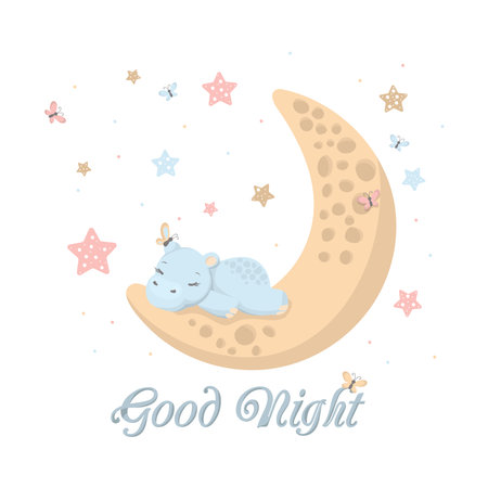 Cute little hippo sleeping on a cloud, lovely animal cartoon character, good night design element, sweet dreams vector Illustrationのイラスト素材