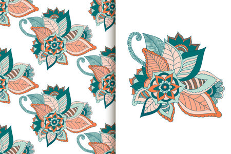 Flower bouquet with seamless pattern. Floral background set. Wallpaper templateの写真素材