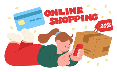 Woman Doing Online Shopping on Smartphone Illustrationのイラスト素材