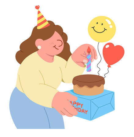 Woman Preparing Birthday Cake and Party Decorationsのイラスト素材