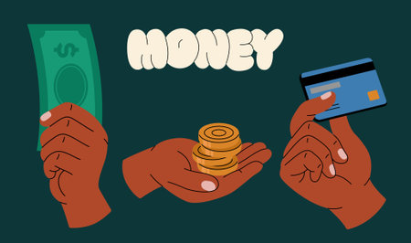 Hands Holding Cash, Coins, and Credit Cardのイラスト素材