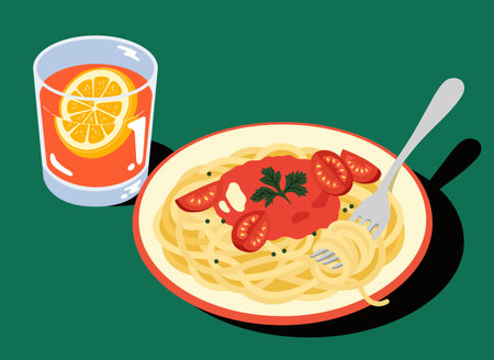 Pasta Dish with Juice in Retro Styleのイラスト素材