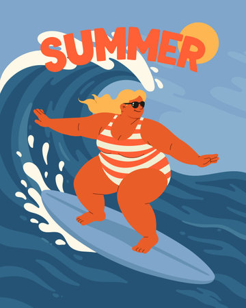 Woman riding a surfboard over the wavesのイラスト素材