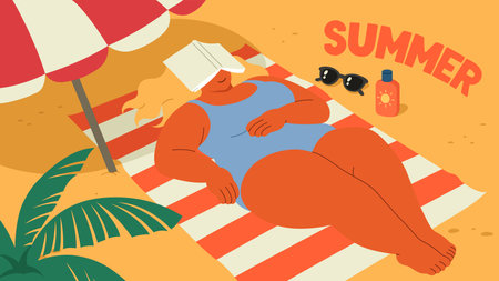 Woman napping on the beach with a book over her faceのイラスト素材