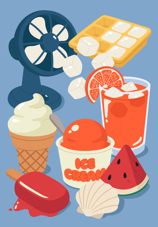Summer snacks and fan in a still life compositionのイラスト素材