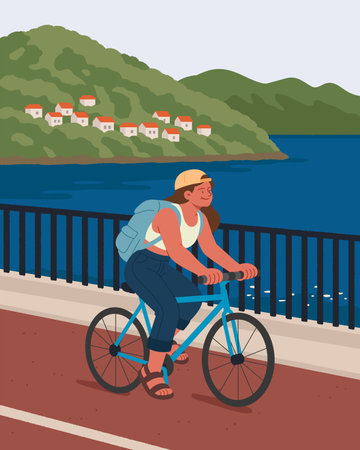 Woman riding a bicycle on a seaside road during summer vacationのイラスト素材