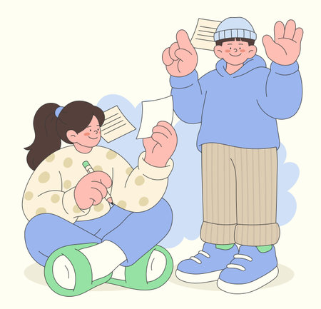 Students Taking Notes and Preparing for a Presentationのイラスト素材