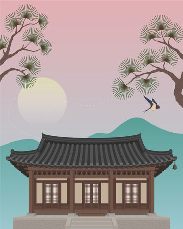 Landscape with Hanok, Pine Tree, and Swallowのイラスト素材