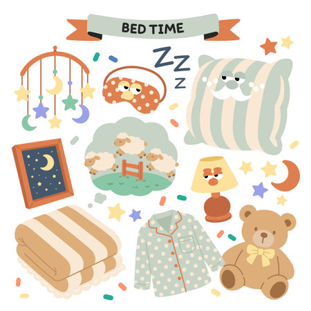 Cute Bedtime Items and Sleep Accessories Illustrationのイラスト素材