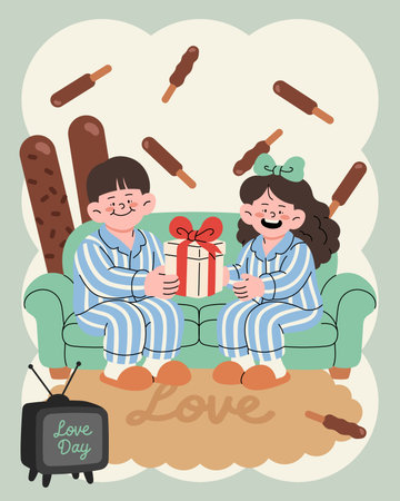 Boy and Girl Sharing Gifts in Pajamasのイラスト素材