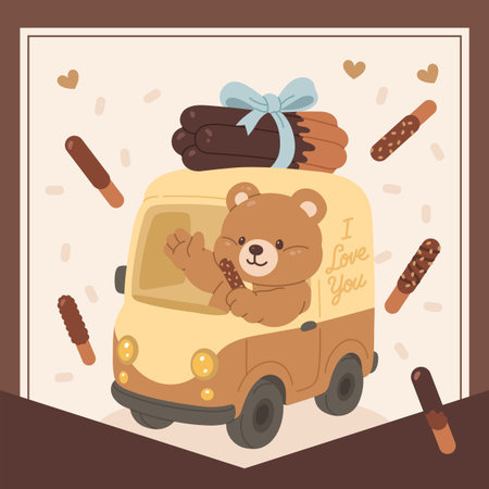 Cute Teddy Bear Driving a Chocolate Snack Truckのイラスト素材