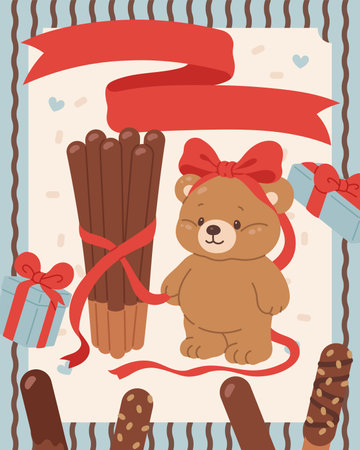 Gift Illustration of a Teddy Bear Wrapped with Ribbon and Chocolate Sticksのイラスト素材