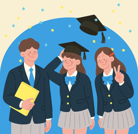 Graduation Illustration of Students in School Uniformsのイラスト素材