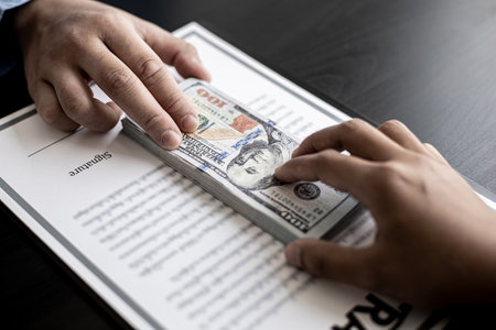Business men are handing over large dollar bills to their business partners as money for bribery in order to cheat companies, corruption is illegal and immoral. The concept of corruption.の写真素材