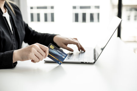 The concept of using credit card to pay for goods or services on online websites, online shopping by credit card, full card information on the website can pay for goods and services.の写真素材
