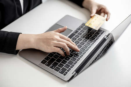 The concept of using credit card to pay for goods or services on online websites, online shopping by credit card, full card information on the website can pay for goods and services.の写真素材