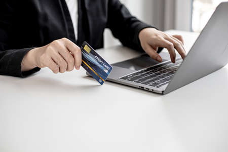 The concept of using credit card to pay for goods or services on online websites, online shopping by credit card, full card information on the website can pay for goods and services.の写真素材