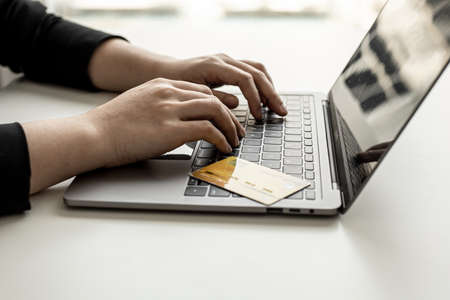 The concept of using credit card to pay for goods or services on online websites, online shopping by credit card, full card information on the website can pay for goods and services.の写真素材
