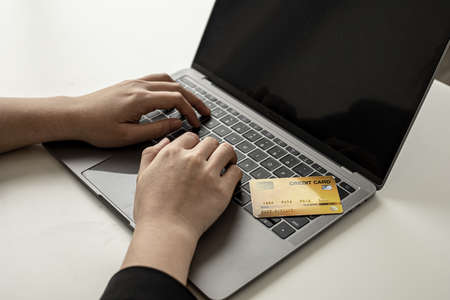 The concept of using credit card to pay for goods or services on online websites, online shopping by credit card, full card information on the website can pay for goods and services.の写真素材